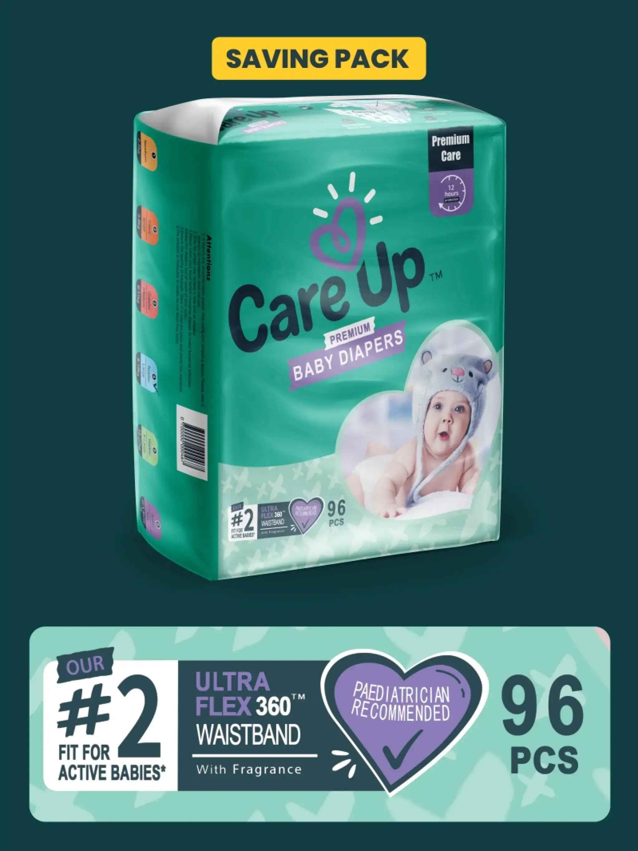 Care Up Premium Baby Diapers - S-2 Mega Pack 96 Pcs